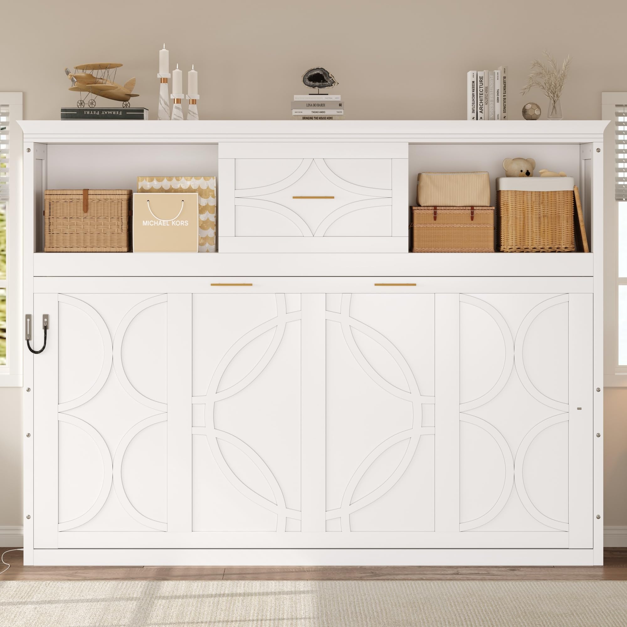 Merax Farmhouse Wood Murphy Bed Chest with Charging Station & Drawer, Storage Wall Bed with Wood Slat Support/Space Saving, Twin,White