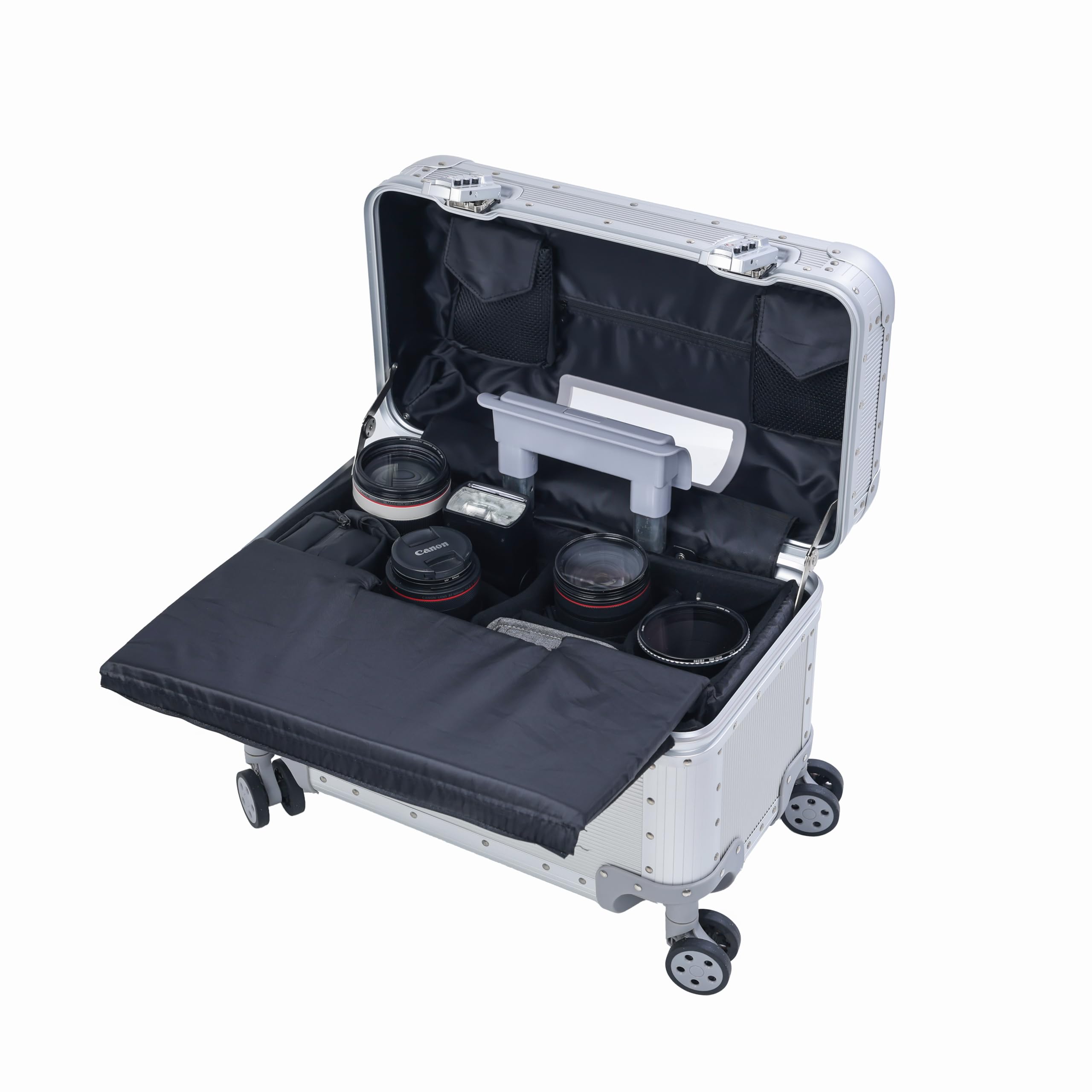 Perle Path All Aluminum Rolling Camera Case, Pilot case, Camera roller bag, Carry on, Hard Shell Photography Equipment suitcase with 4 Wheels and Telescopic Handle (Silver(with camera bag inside))