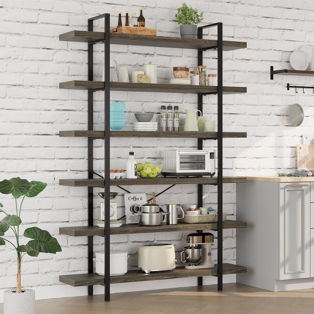 6 Tier Book Shelf, 47'' Wide Wood Industrial Bookshelf, 120lbs Shelf Capacity, Open Storage Shelves, 80'' Tall Heavy Duty Display Shelving, Rustic Grey Bookcase for Bedroom,Living Room,Office - 2Pcs