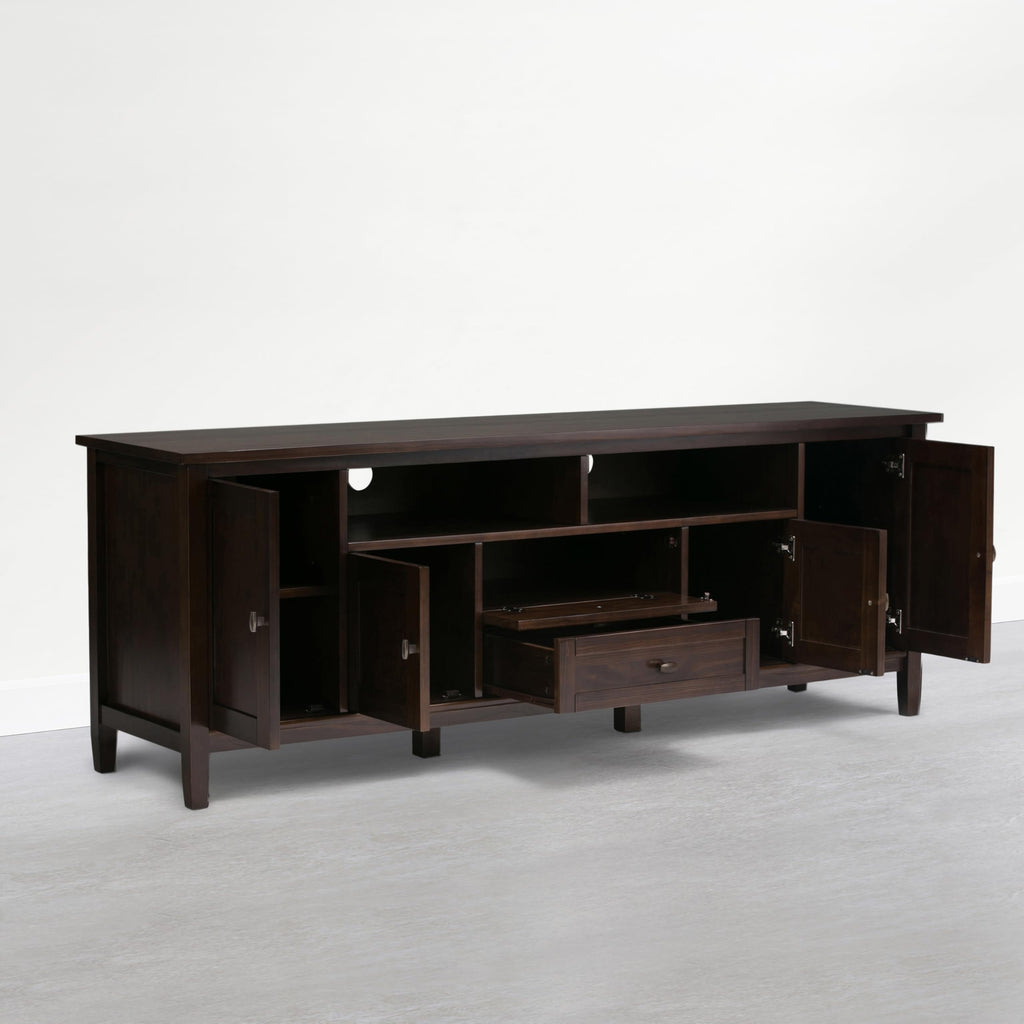 SIMPLIHOME Warm Shaker TV Stand - 72 inch Wide Solid Wood Media Console in Mocha Brown, Transitional Entertainment Center for Living Room for TVs up to 80 Inches with Cabinets and Cable Management