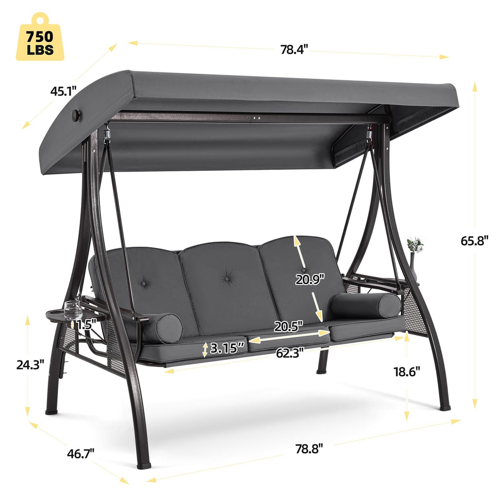 HOMREST 3 Person Outdoor Porch Swing with 1.5" Upgraded Cup Holder, Adjustable Canopy, Backrest, Patio Swing Bed with Weather Resistant Steel Frame, Cushions for Garden,Deck and Poolside(Gray)