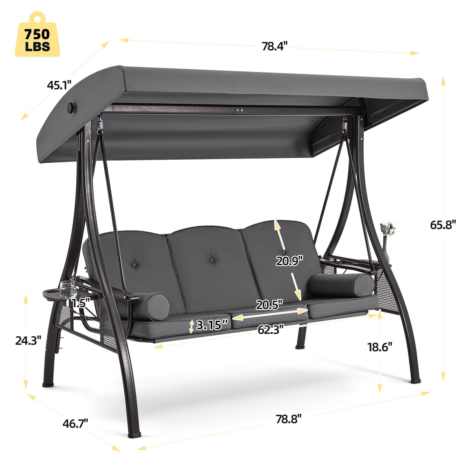 HOMREST 3 Person Outdoor Porch Swing with 1.5" Upgraded Cup Holder, Adjustable Canopy, Backrest, Patio Swing Bed with Weather Resistant Steel Frame, Cushions for Garden,Deck and Poolside(Gray)