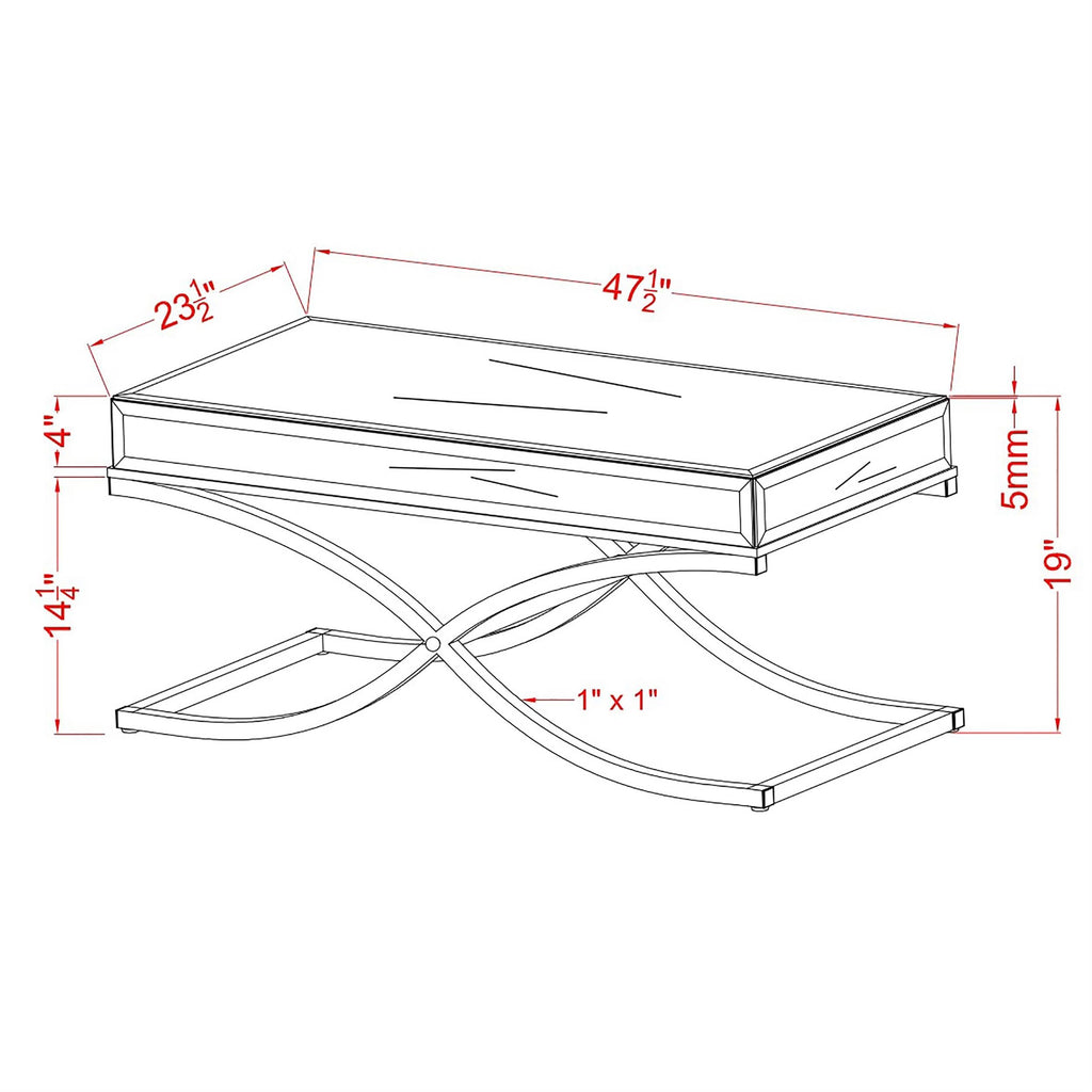 Furniture of America Luxy Glam Mirrored Top Metal 48 in. Rectangle Coffee Table for Living Room, Bedroom, Chrome Silver