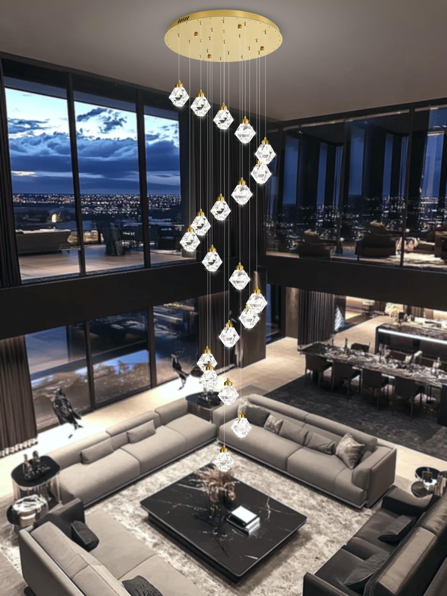H142in Foyer Chandelier Big Chandeliers for High Ceiling Gold Pendant Light Fixture 26-Lights Crystal Chandelier Lighting Fixture for Living Room Staircase Villa