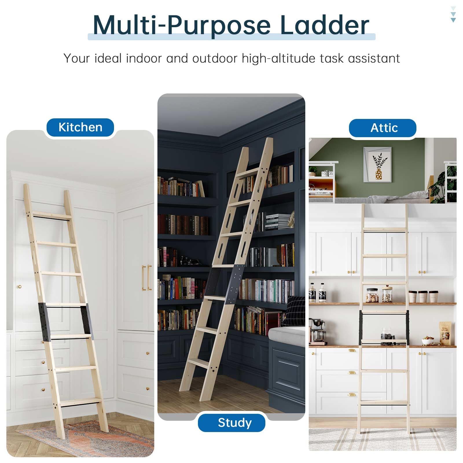 CEAKIAN Rolling Library Ladder 8ft,450lbs Capacity,7 Steps with Build-in Handrail,Solid Wood,Easy Assembly for Loft Bookshelf Kitchen Attic Outdoors,DIY Stain (No Sliding Hardware)
