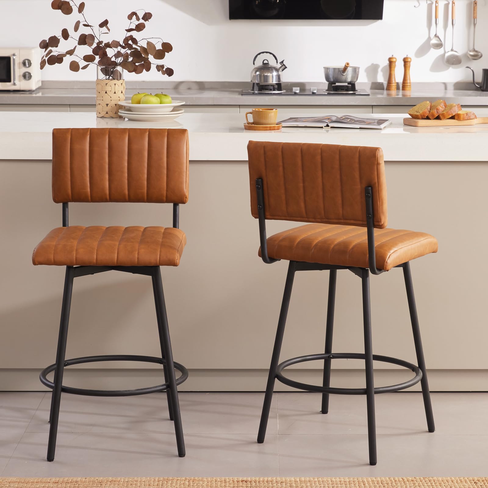 MILCIL Swivel Counter Height Bar Stools with Back Set of 2, Upholstered 26'' Counter Stools with Metal Frame, Faux Leather Cognac