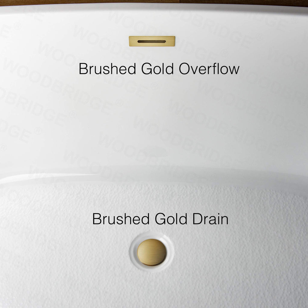 WOODBRIDGE 67" Acrylic Freestanding Bathtub Contemporary Soaking White Tub with Brushed Gold Overflow and Drain，B0013-BG