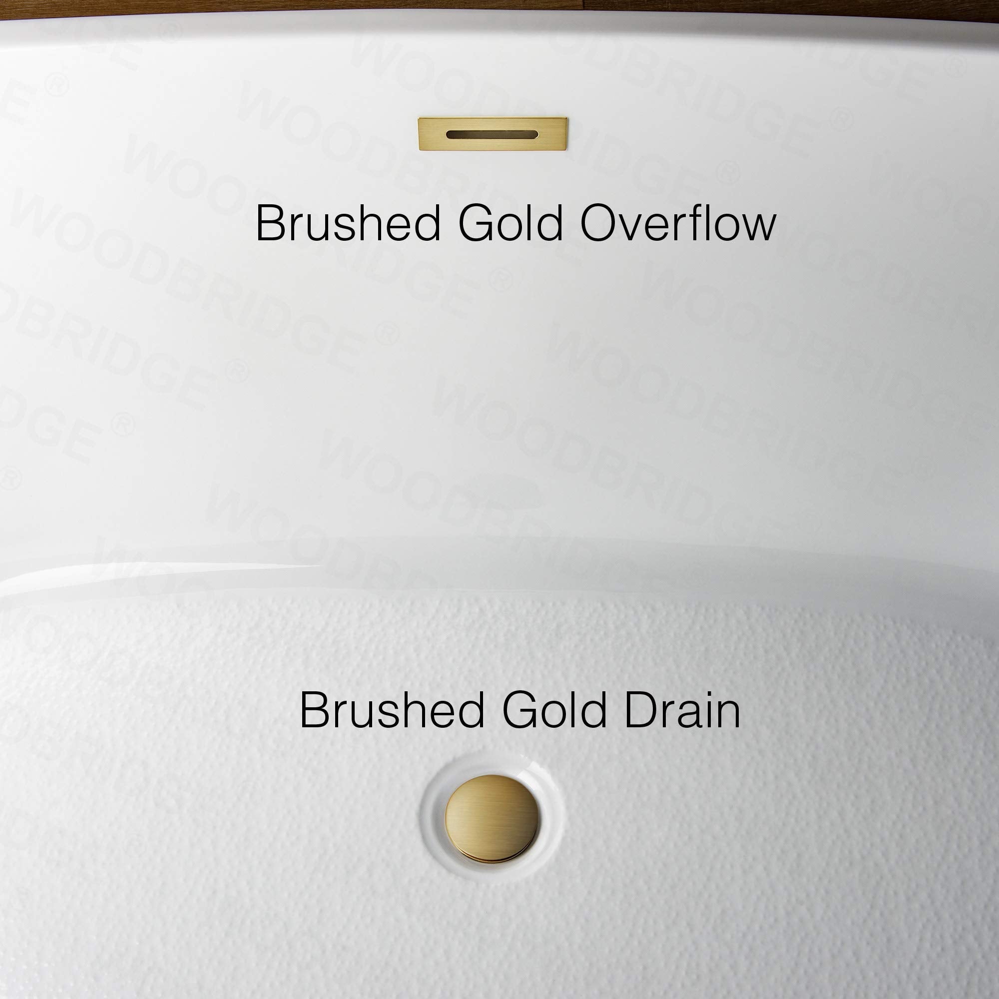 WOODBRIDGE 67" Acrylic Freestanding Bathtub Contemporary Soaking White Tub with Brushed Gold Overflow and Drain，B0013 -BG-Drain &O