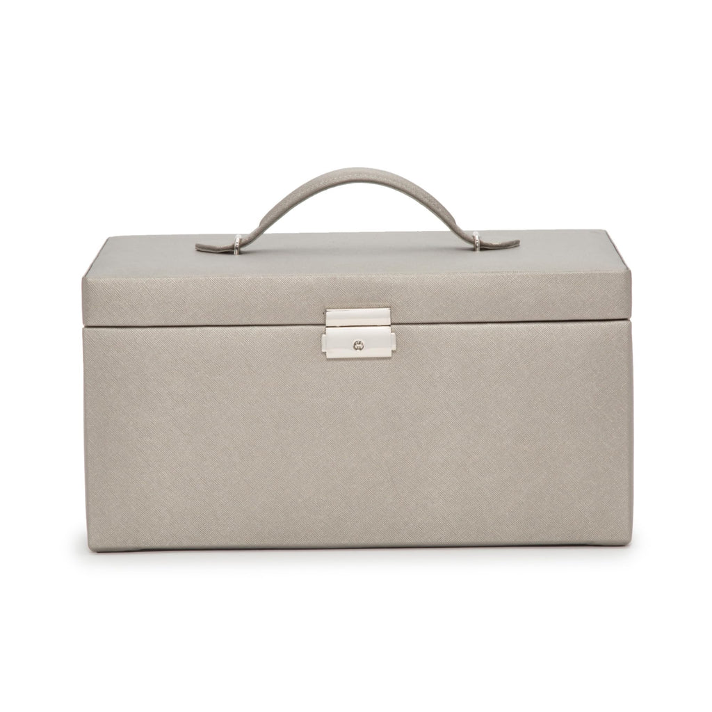 WOLF Heritage Large Jewelry Box, Pewter Saffiano - 27 Compartments + 26 Ring Rolls - Includes Two Travel Cases