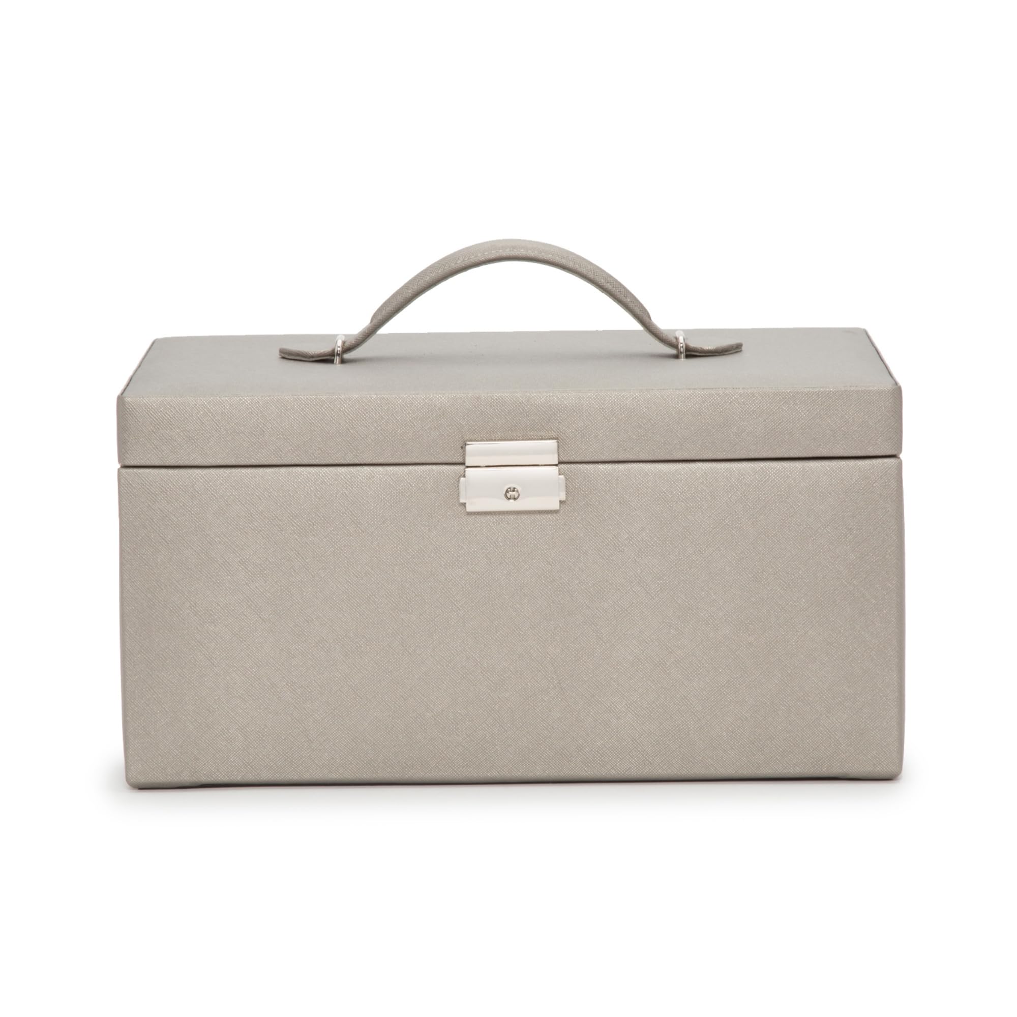 WOLF Heritage Large Jewelry Box, Pewter Saffiano - 27 Compartments + 26 Ring Rolls - Includes Two Travel Cases