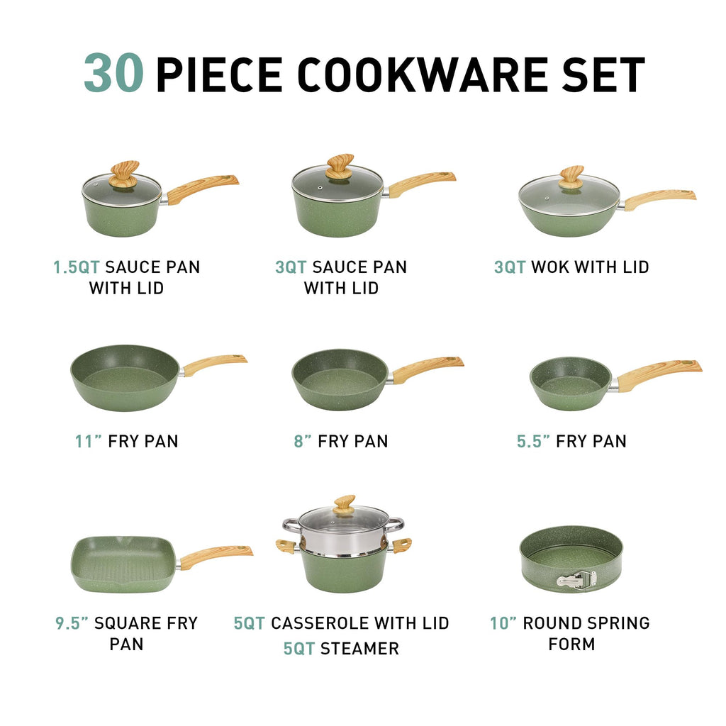 MAISON ARTS 30 Piece Pots and Pans Set Non Stick, Kitchen Cookware & Bakeware Sets with Nonstick Granite Coating, Baking Tray, Frying Pan and Saucepan, Green