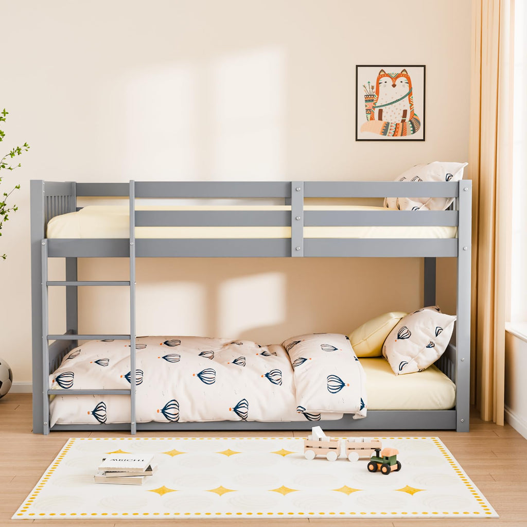 JOYMOR Solid Wood Low Twin Over Twin Bunk Bed for Kids/Junior, Bunk Bed Frame with Guardrails & Ladder for Boys Girls, No Box Spring Needed (Gray)