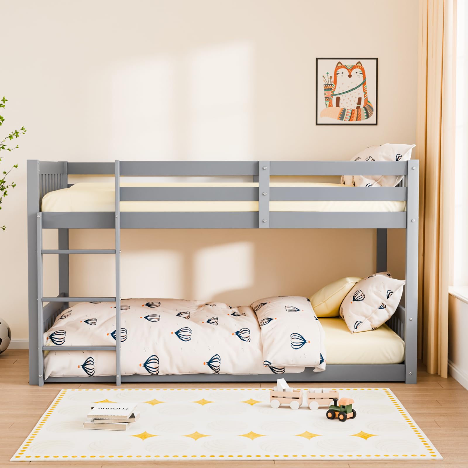JOYMOR Solid Wood Low Twin Over Twin Bunk Bed for Kids/Junior, Bunk Bed Frame with Guardrails & Ladder for Boys Girls, No Box Spring Needed (Gray)
