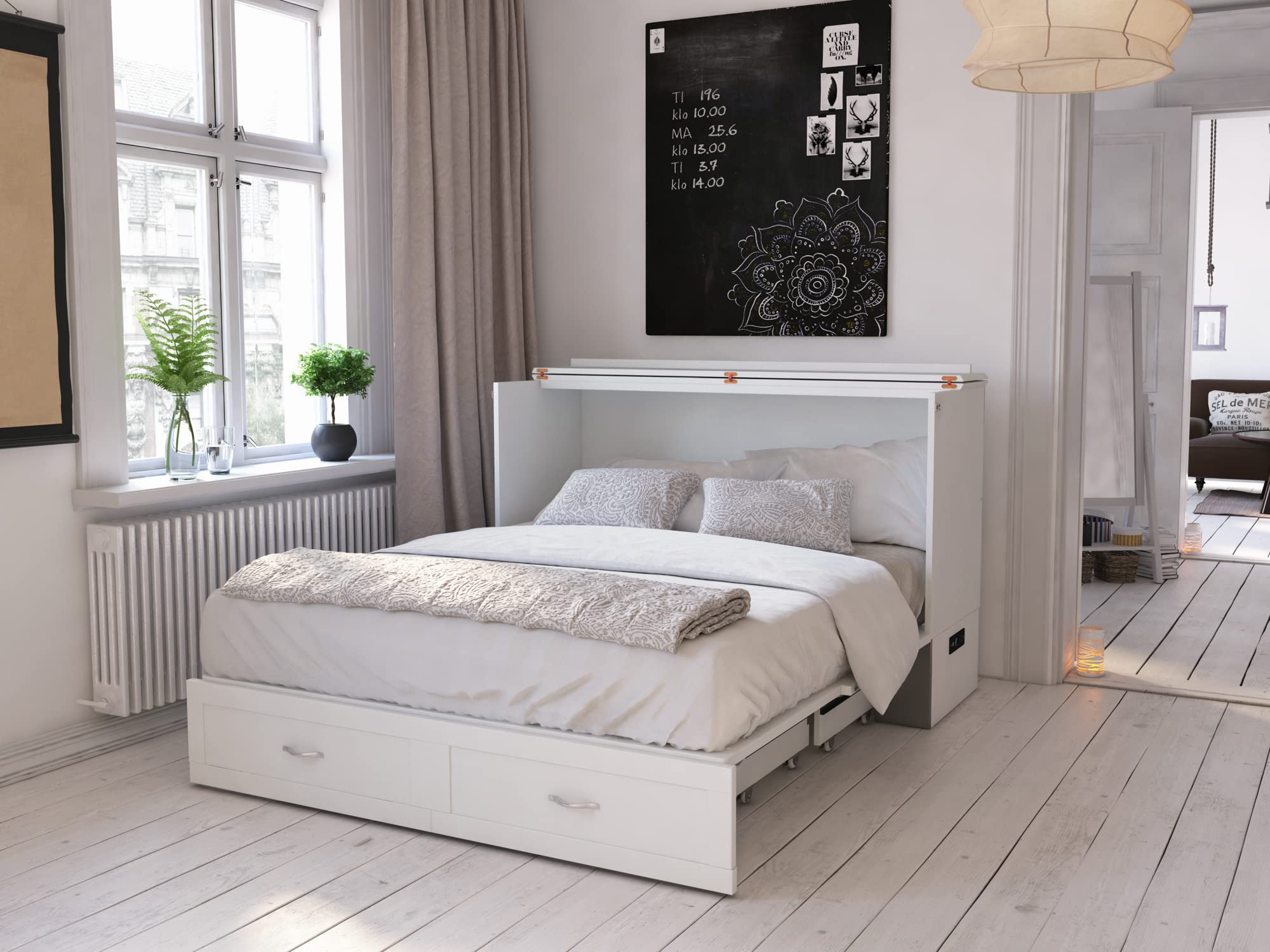 Modern Queen Size Murphy Bed Chest with Mattress, Storage, and Built-in Charger in White