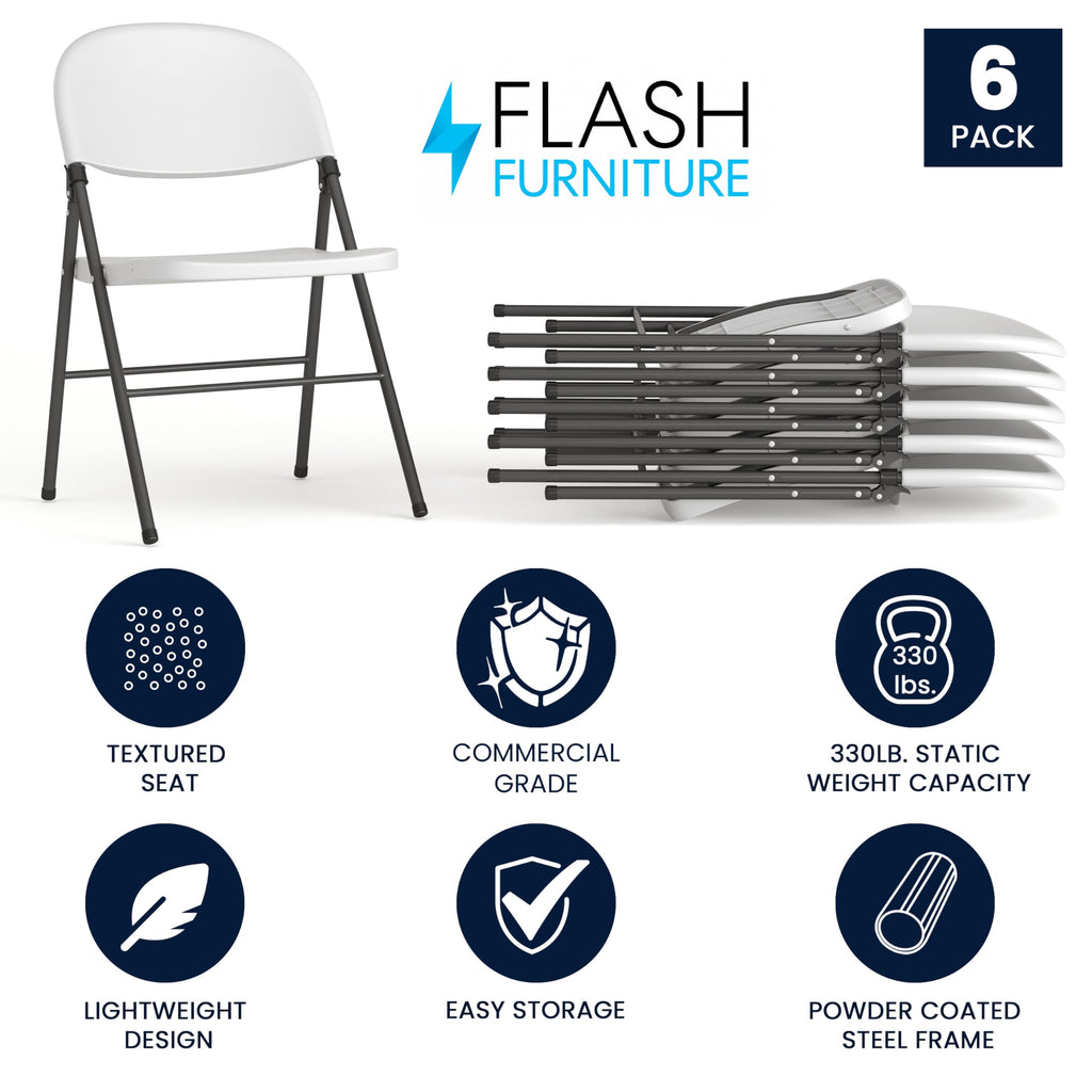 Flash Furniture Mirra Plastic Folding Chairs for Parties and Weddings, Lightweight Commercial Event Seats with 330-lb. Static Weight Capacity, Set of 6, White