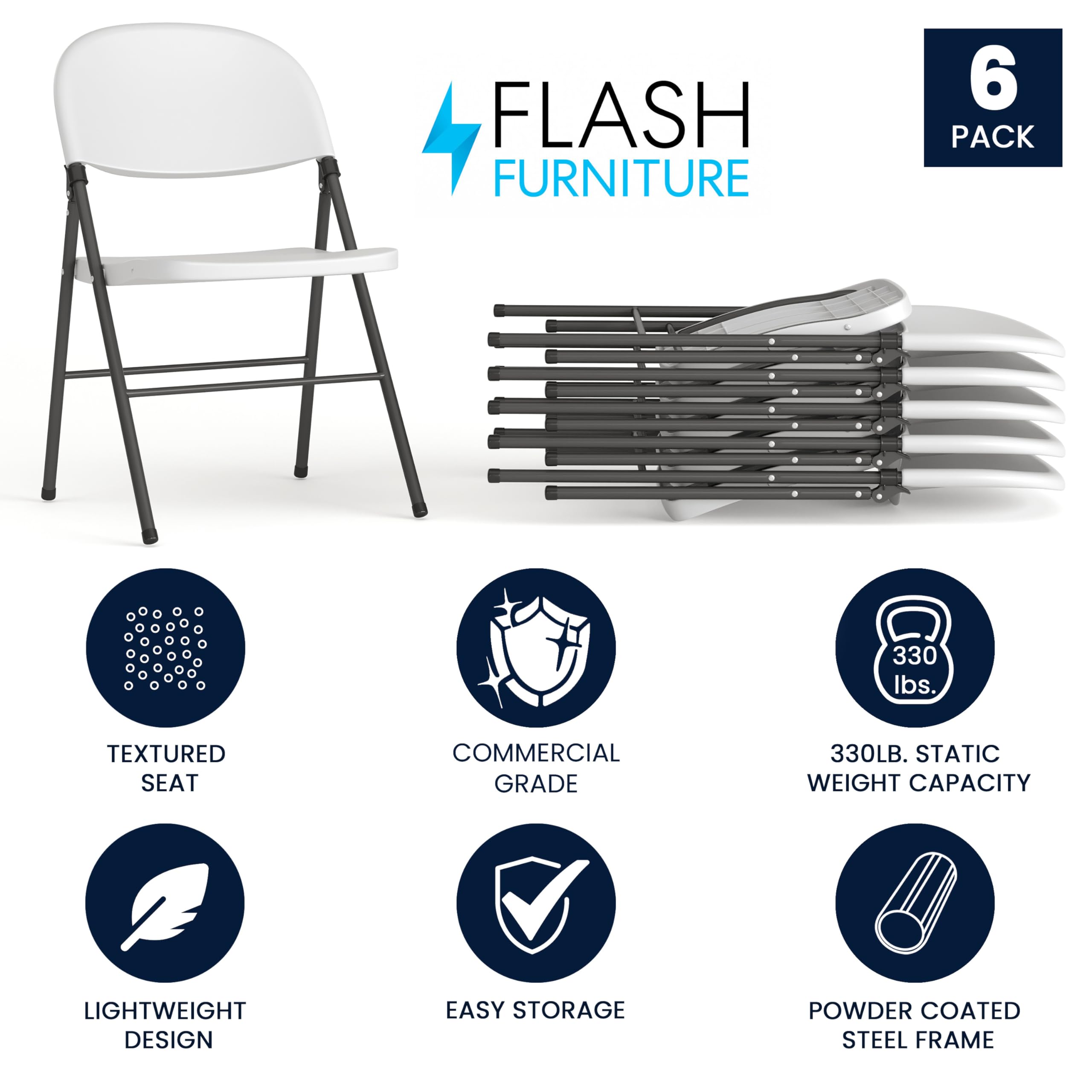 Flash Furniture Mirra Plastic Folding Chairs for Parties and Weddings, Lightweight Commercial Event Seats with 330-lb. Static Weight Capacity, Set of 6, White