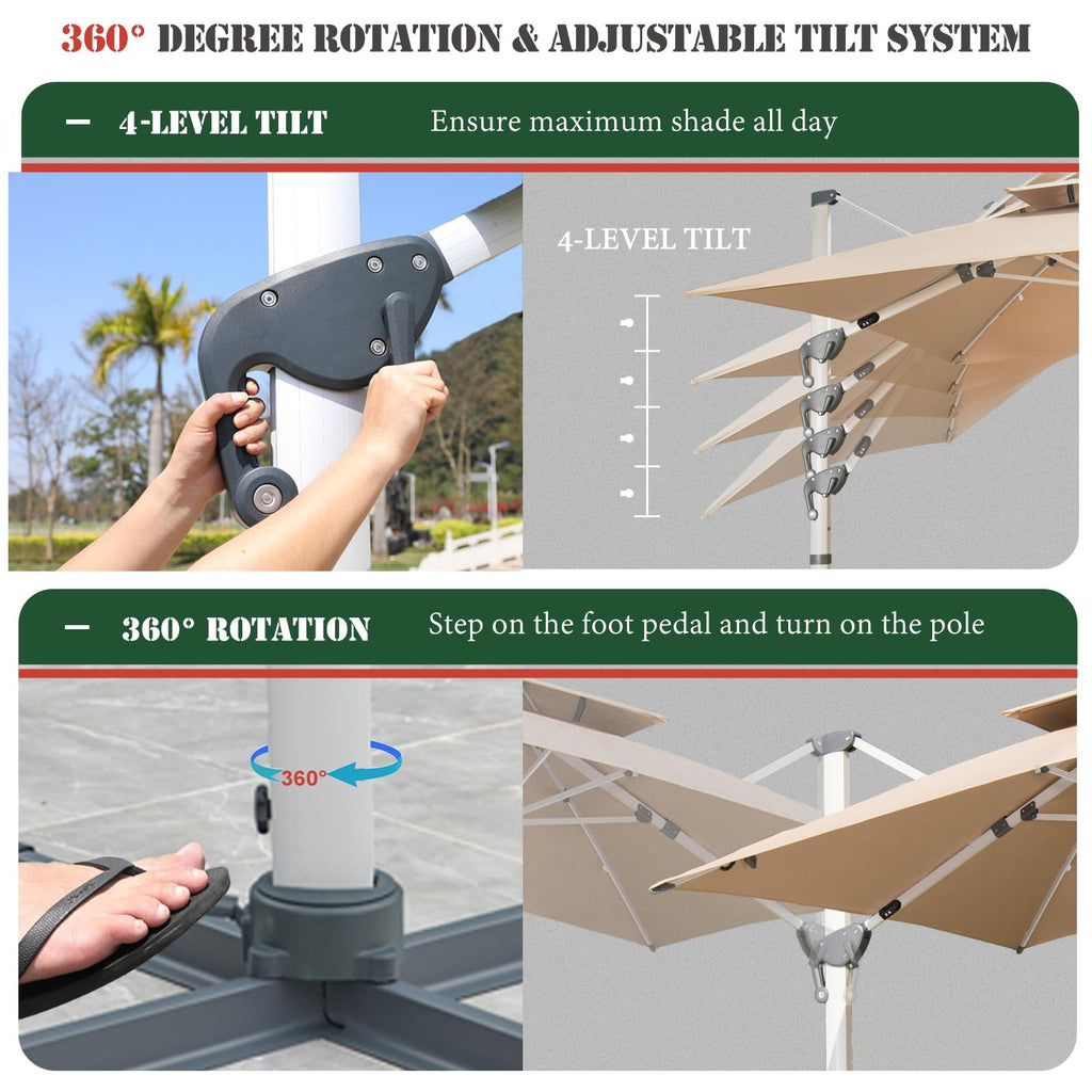 Mojia 10x10 FT Square Cantilever Patio Umbrella with Solar LED Lights and Cross Base, 360° Rotation Large Heavy Duty Offset Outdoor Umbrella with Easy Tilt for Pool Backyard Deck Garden, Khaki