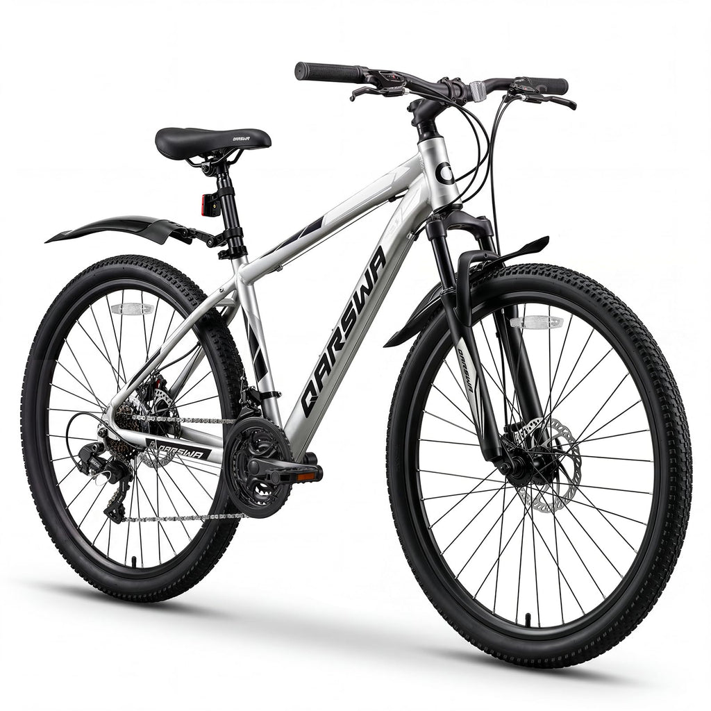QARSWA 26 Inch Mountain Bike, Lightweight Aluminum Frame MTB with 21-Speed Trigger Shifter & Dual Disc Brakes, Comfort Foam Seat Adult Bicycle for Men and Women, Trail & Outdoor Riding, Matte Silver