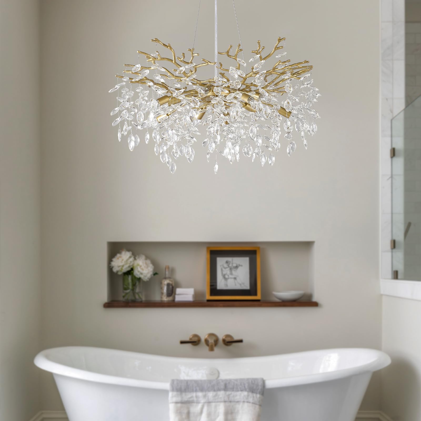 EGM Gold Tree Branch Crystal Chandelier, 32 Inch Modern Raindrop Crystal Ceiling Light Fixtures 10-Light(E12), Hanging Round Chandeliers for Dining Room Living Room Bedroom Foyer