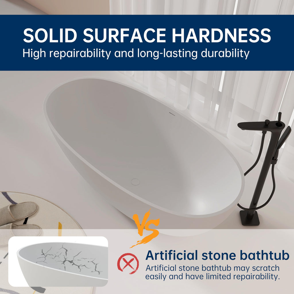 MEDUNJESS 61'' Resin Stone Soaking Bathtub Oval Solid Surface Freestanding Soaking Bathtubs Matte White Soaking Tub with Overflow and Pop up Drain - White