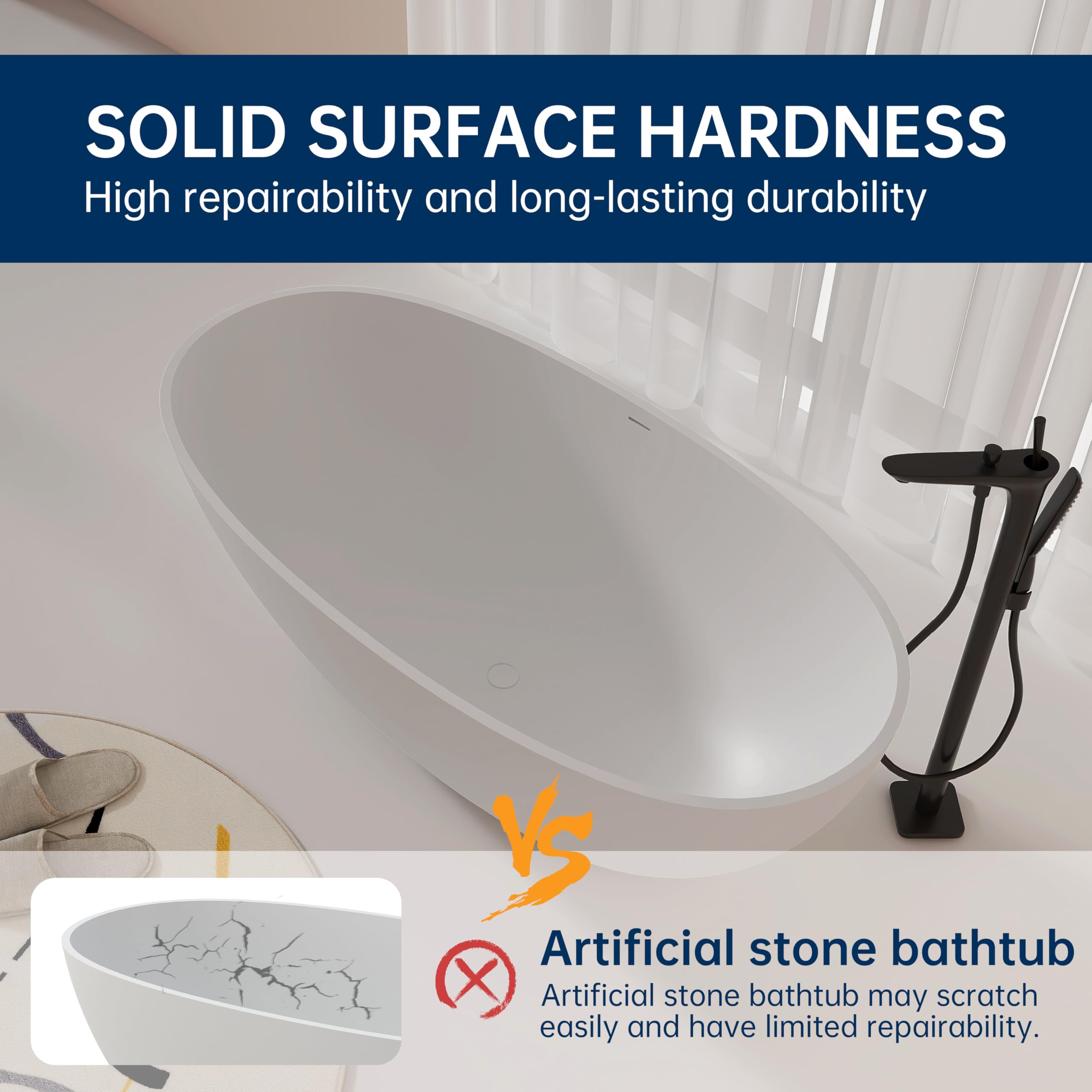 MEDUNJESS 61'' Resin Stone Soaking Bathtub Oval Solid Surface Freestanding Soaking Bathtubs Matte White Soaking Tub with Overflow and Pop up Drain - White