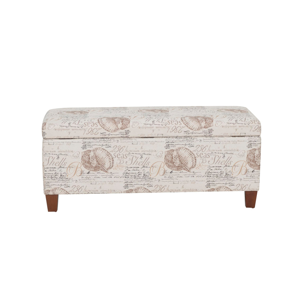Linon Carmen Ivory and Beige Seashell Upholstered Lift Top Storage Ottoman with Wooden Feet