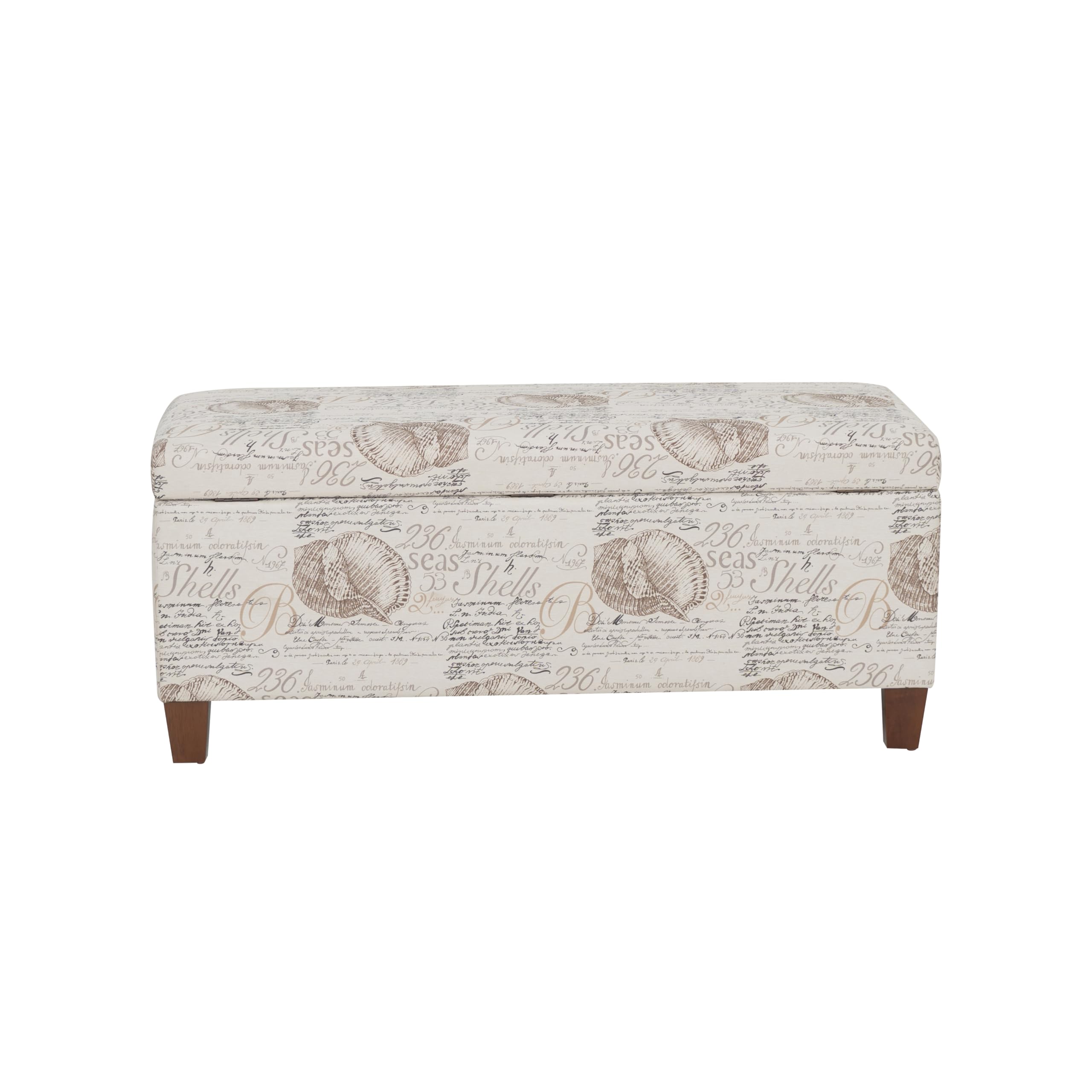 Linon Carmen Ivory and Beige Seashell Upholstered Lift Top Storage Ottoman with Wooden Feet