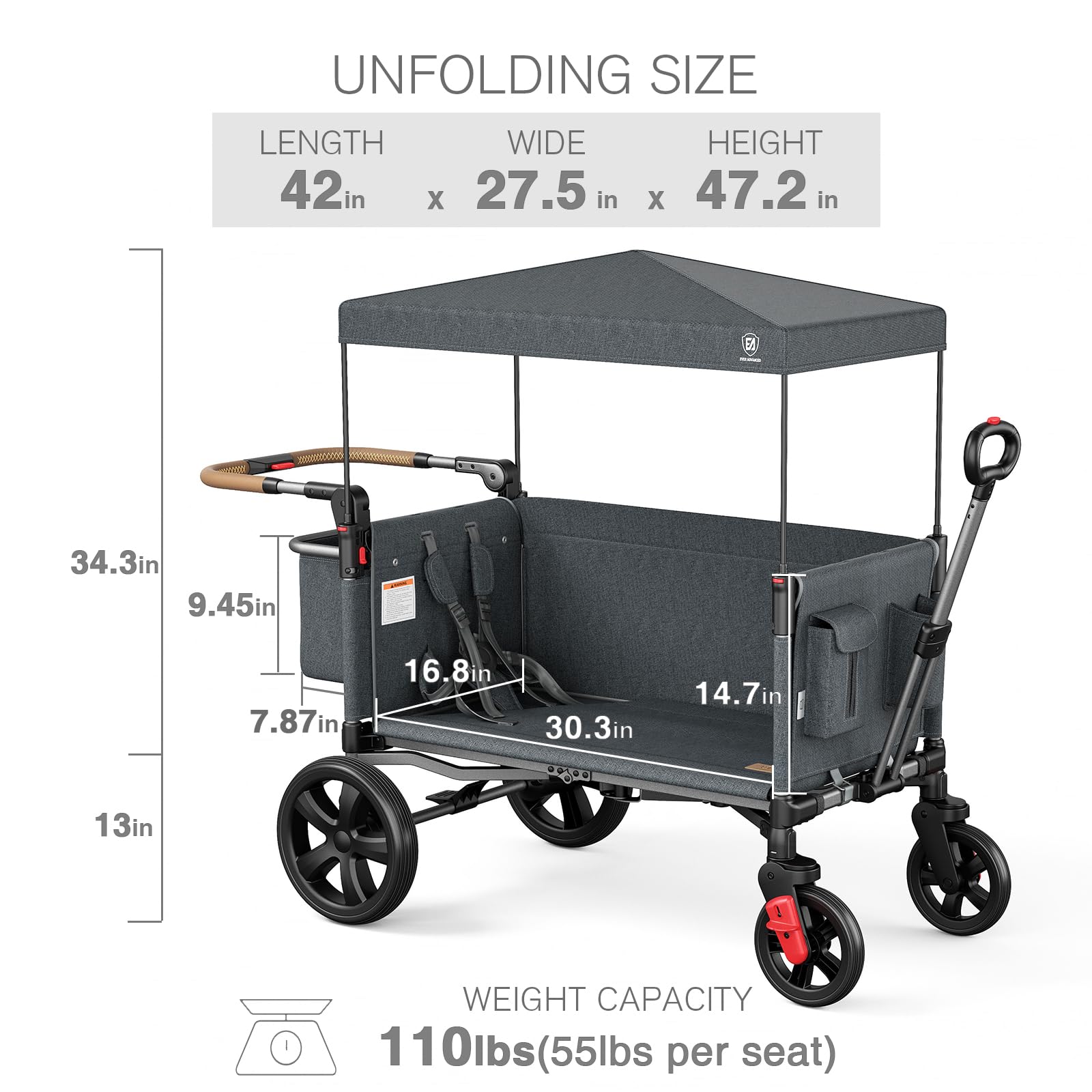 EVER ADVANCED Side-Unzip Stroller Wagon for 2 Kids - 2-in-1 Bench Mode & All-Terrain Push-Pull Wagon - Spica Cast & Special Needs Friendly - JPMA Certified, UV Canopy, Foldable for Zoo, Beach & Travel