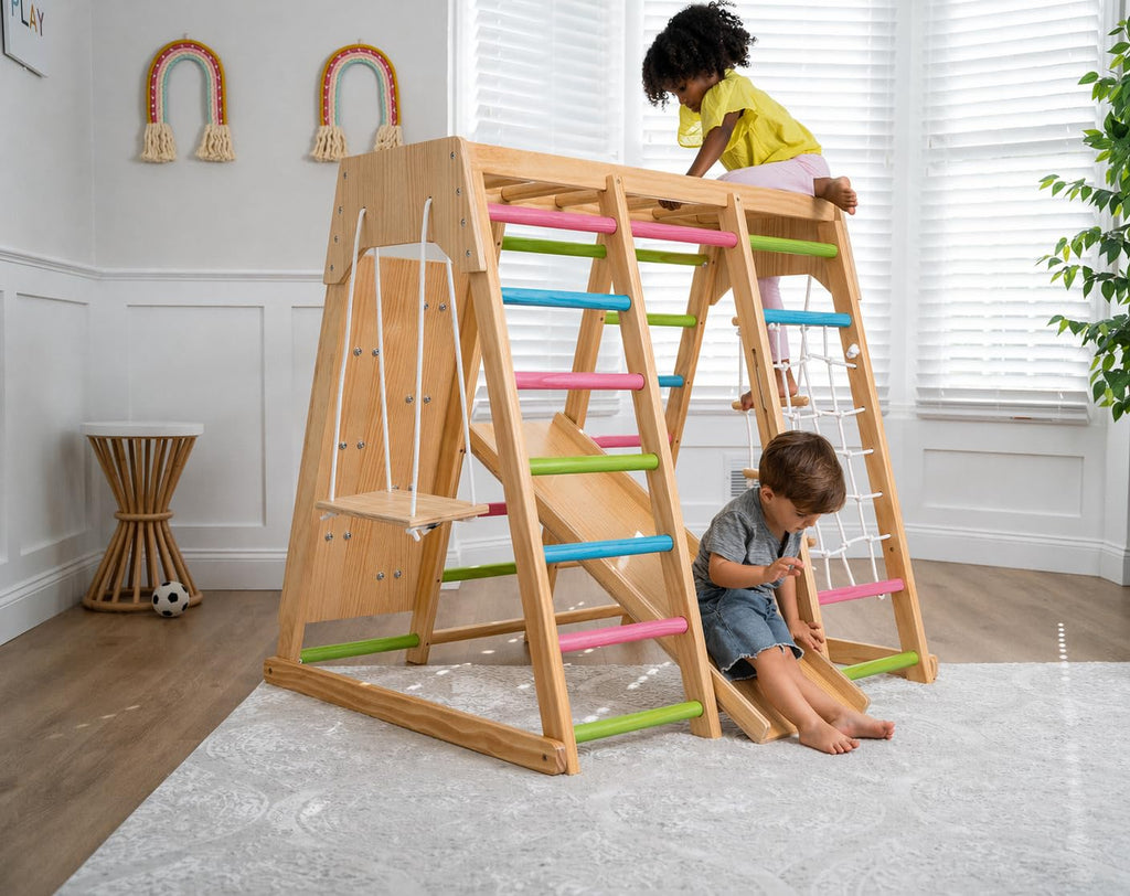 Avenlur Premium Wooden Indoor Climbing Gym for Kids – Montessori Playset with Climbing Wall, Ladder, Rope Net & Swing – Solid Natural Wood Toddler Playground, Ages 1–6