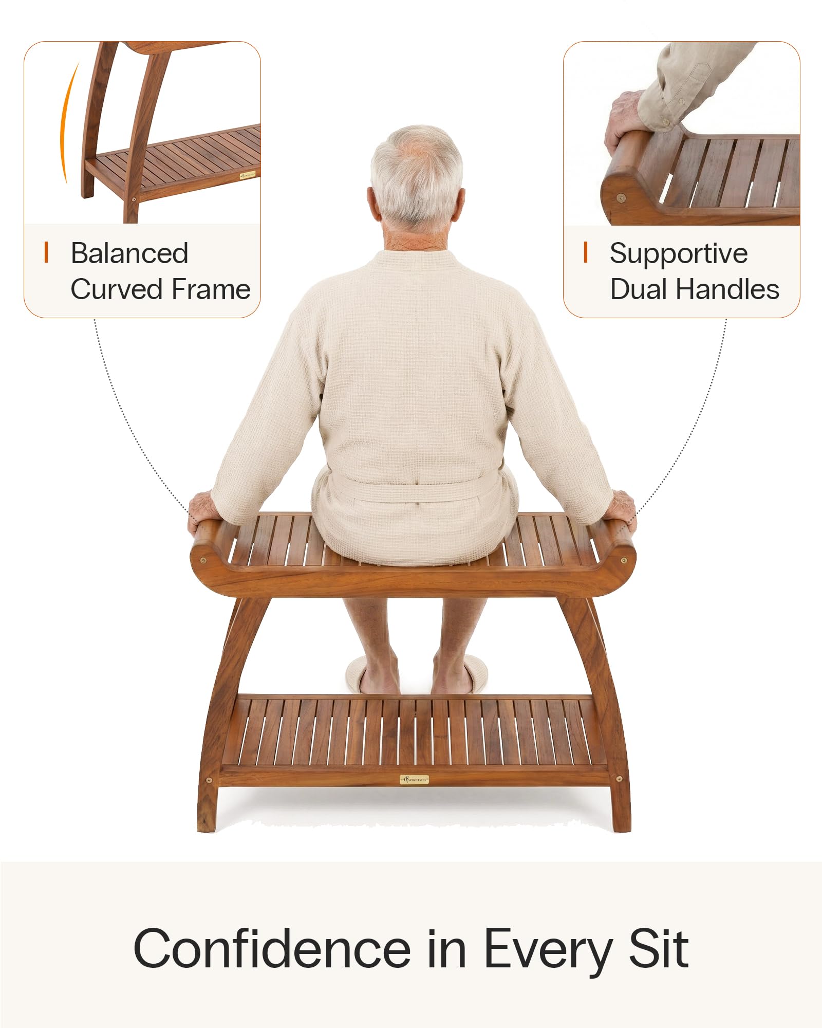 StrongTek Long Teak Shower Bench with Handles and Shelf, Solid Teak Wood Bathroom Bench, Quick-Dry Slatted Bath Bench, 29.5" L x 12.5" D x 24" H, 400 lbs Capacity, for Shower or Bathroom