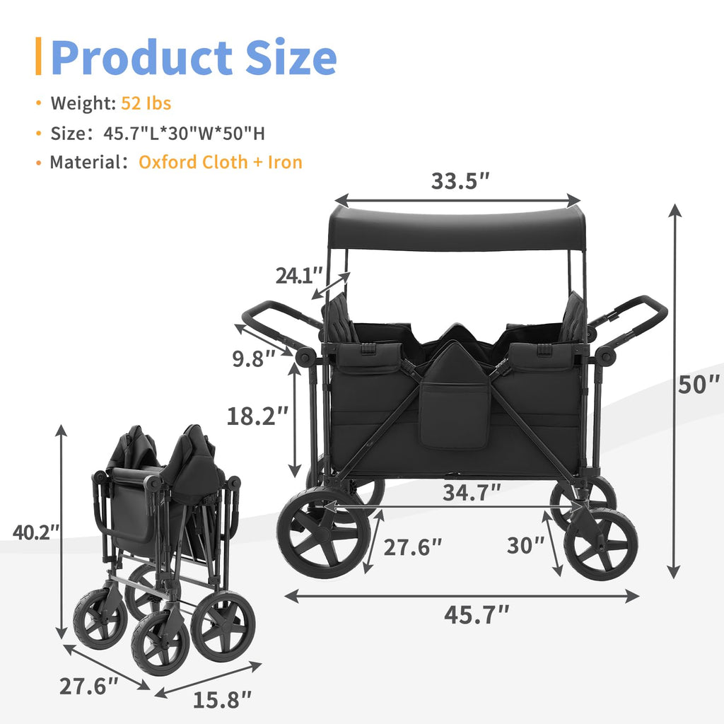 Stroller Wagon for 4 Kids, 4 Seater Wagon Stroller Featuring 4 High Seat with 5-Point Harnesses and Adjustable Canopy, Foldable Double Push Bar Wagon Stroller 4 Seater for Garden, Camping (Black)