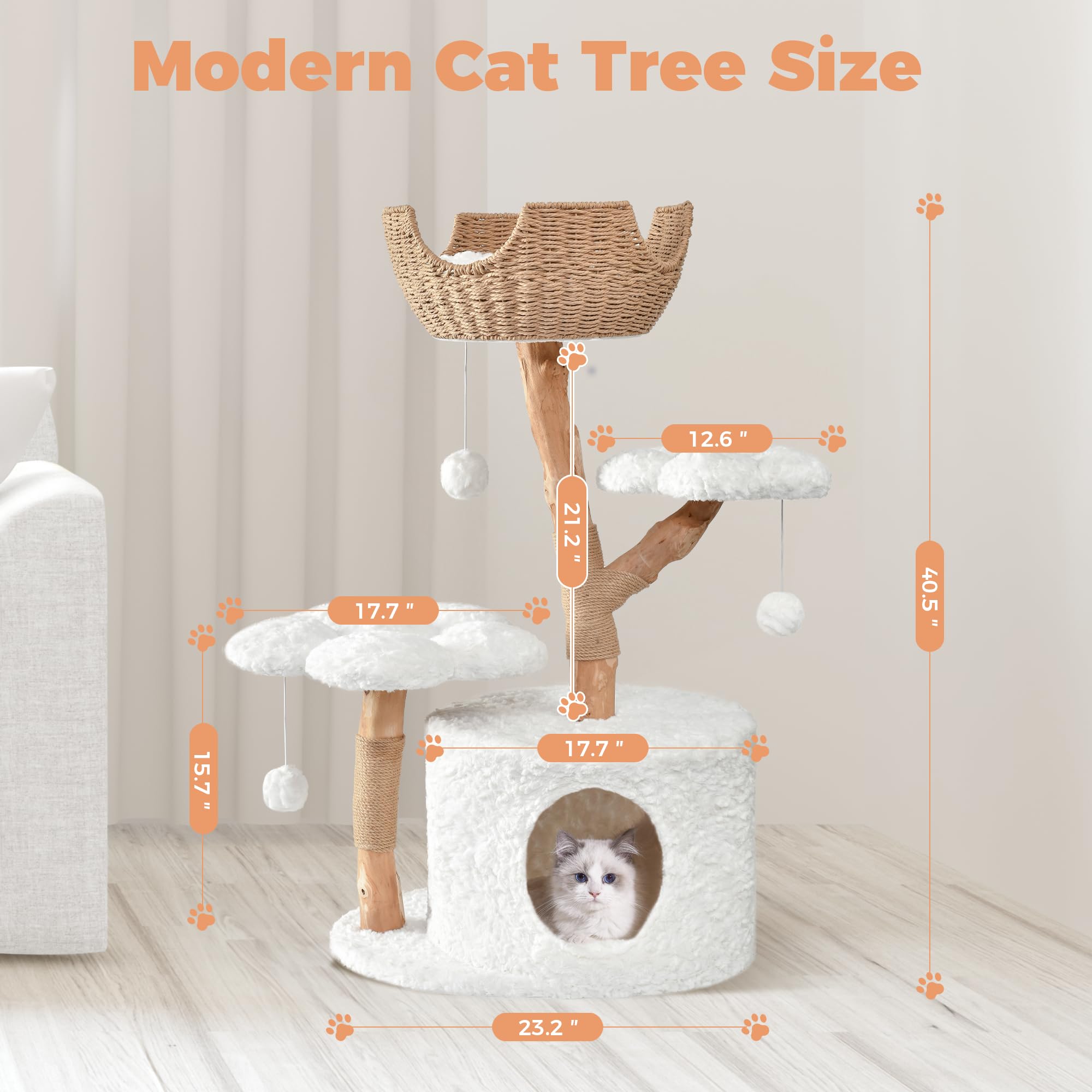 Easyego Modern Cat Tree, 40.5" Aesthetic Wood Cat Tree Tower for Large Cats, Luxury Cat Condo with Scratching Posts and Flower Platforms, Cat Furniture, White