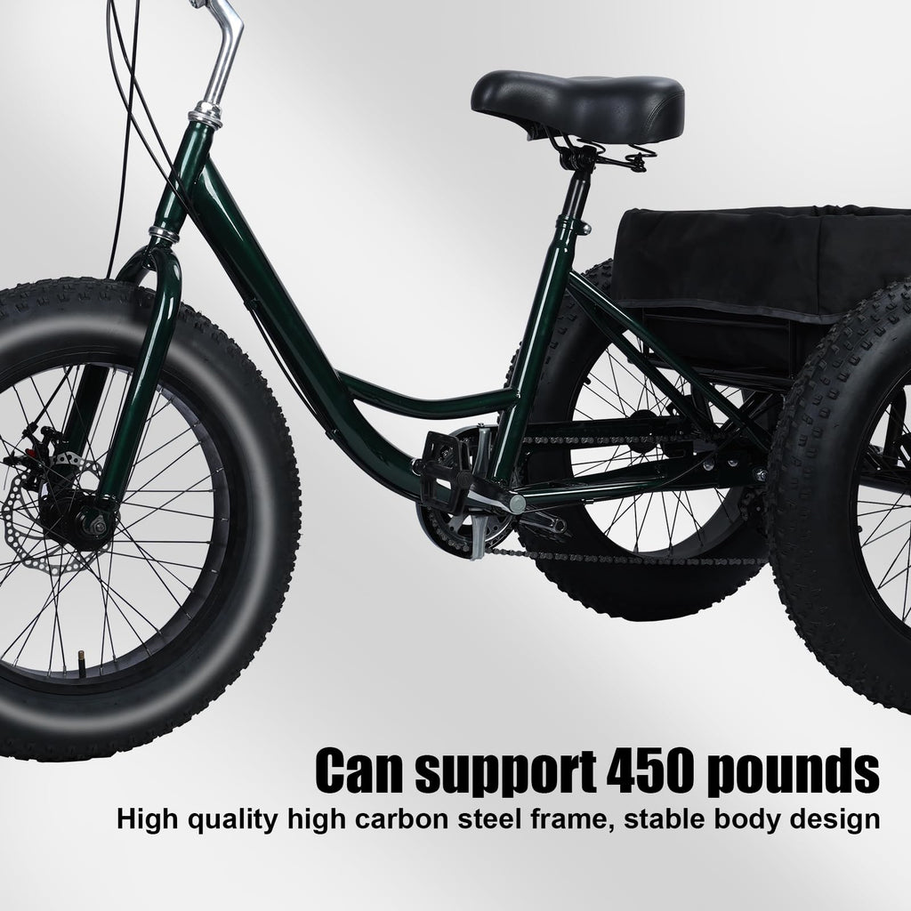 Maixhae Tricycle for Adults, Fat Tire 3 Wheel Bike with 7 Speeds, 450lbs Capacity, 20 Inch All-Terrain Trike, Dual Disc Brakes, Adjustable Seat & Large Rear Basket (Black)