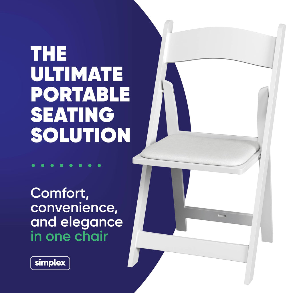 SIMPLEX 8 White Folding Chairs – Resin Stackable Foldable Chairs with Padded Seats – Comfortable White Folding Chairs for Indoor/Outdoor Events – Lightweight Resin Chairs (8 Pack)