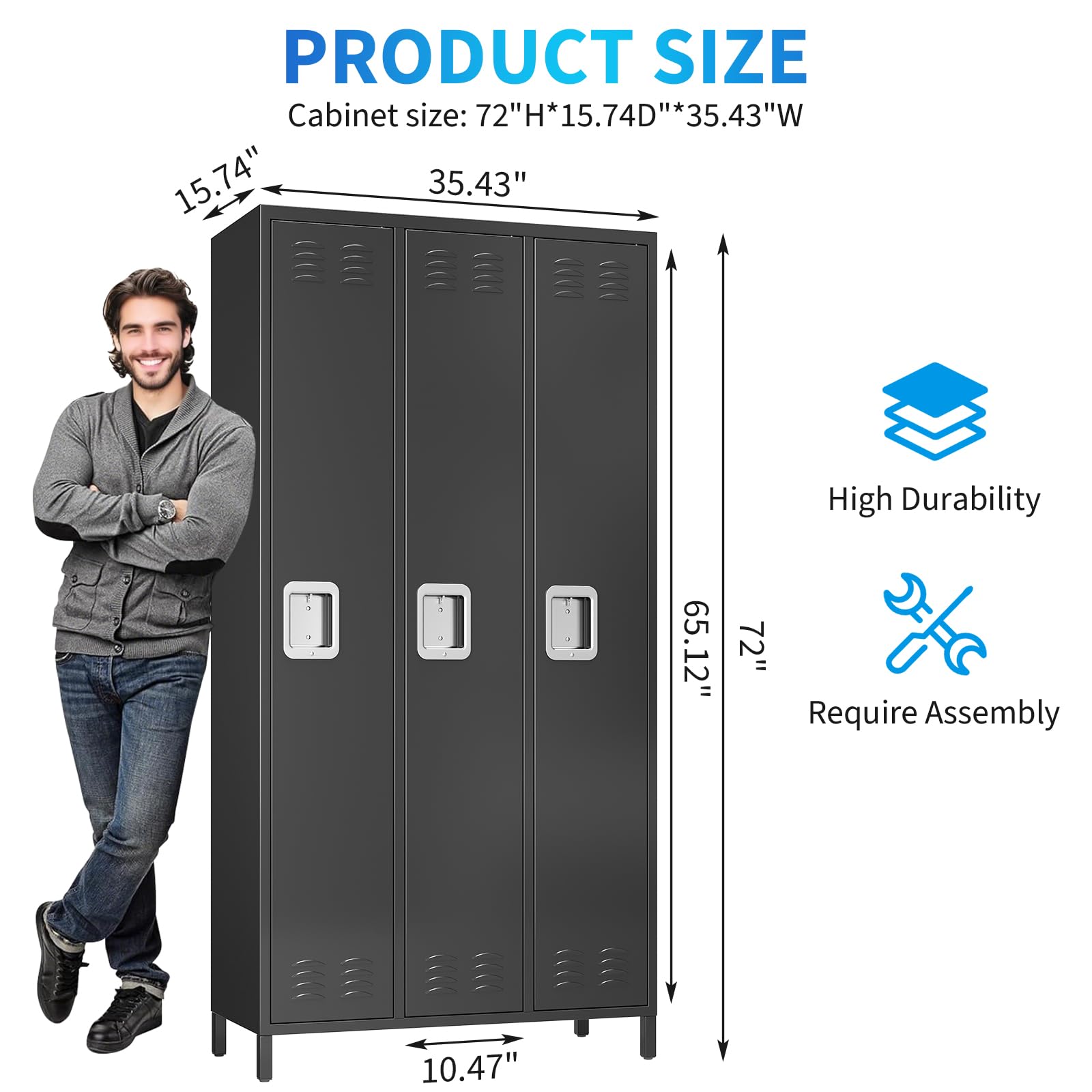 PioneerWorks 3-Door Metal Storage Locker with 9 Hooks, Heavy Duty Steel Locker for Gym, School, Office, Garage, Employee Locker Room, Home Organization, Black, Assembly Required