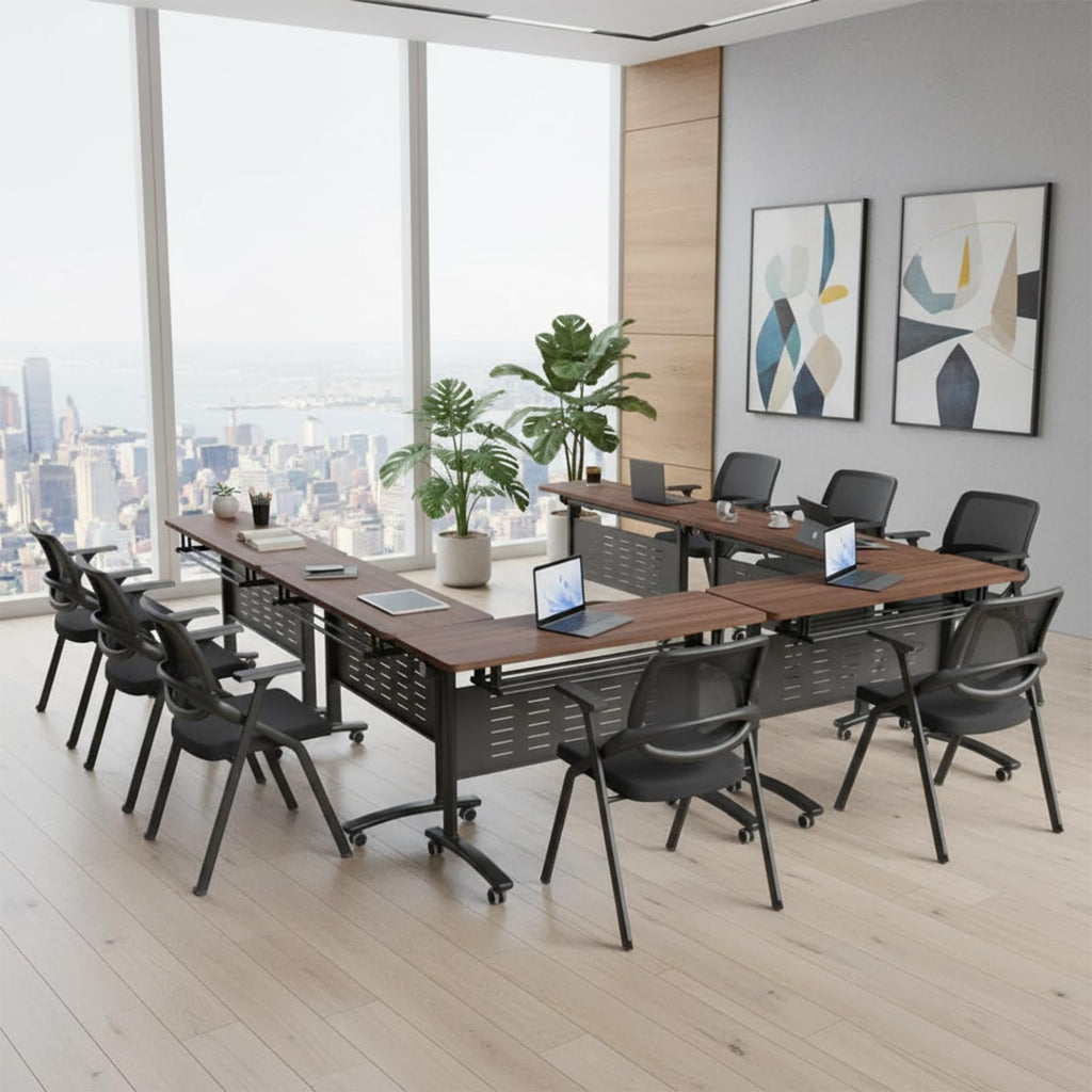 Usosidam 47.2" Folding Conference Tables, Modular Conference Room Table with Silent Lockable Wheels, Flip Top Training Table,for Office Classroom Seminar, for 6-12 Person, Walnut 2, 8 Pack