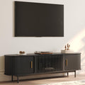 POVISON Fully-Assembled Mid Century Modern TV Stand for 65 inch TV, Sliding Door Entertainment Center with Storage, Wood TV Console, Media Console for Living Room Bedroom(Black, 70.87")