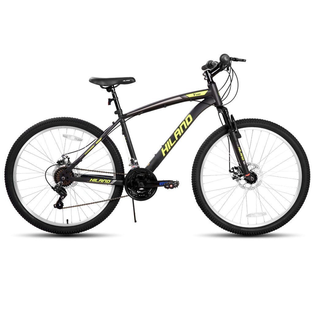 HH HILAND Mens and Womens Mountain Bike, 26 Inch 18 Speed Mountain Bicycle with Dual Disc Brake, Front Suspension Fork, High Carbon Steel Frame Urban Commuter Bike for Adults, Black Yellow