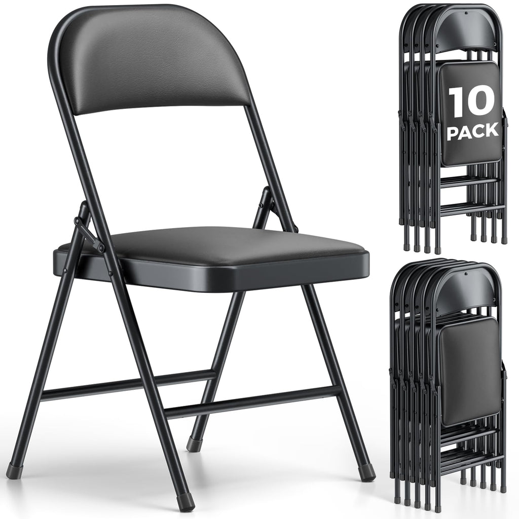 MAKE CHANGES Folding Dining Chairs Set of 10 - Modern PU Leather Folding Chairs with Cushion Seat & Back Metal Legs Kitchen Chairs Folding Chair Set for Kitchen/Living Room/Bedroom/Parties (Black)