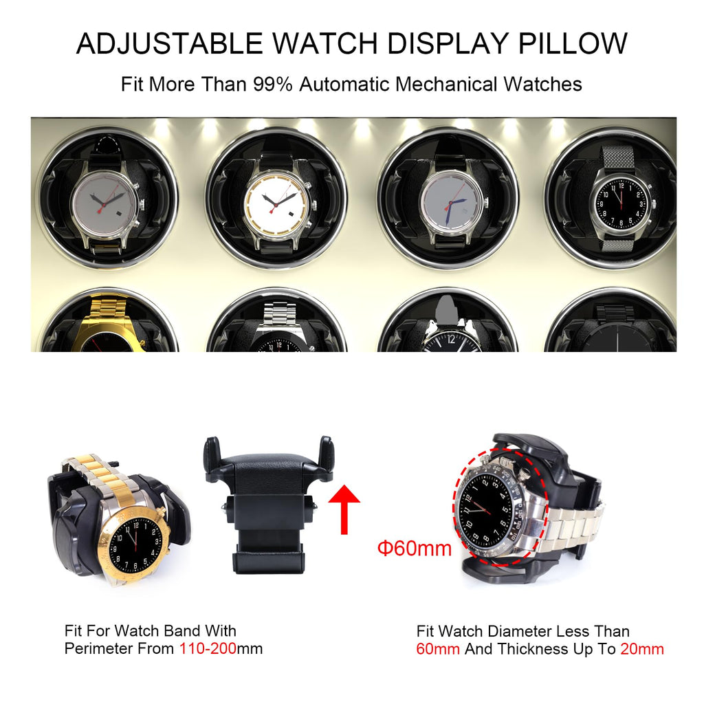 DUKWIN Watch Winder for 4 Automatic Watches, White Lockable Watch Winders with Extra Watch Storage, Jewelry Storage, 4 Rotation Modes, LED Light, Super Quiet Mabuchi Motor and Spring Watch Pillows