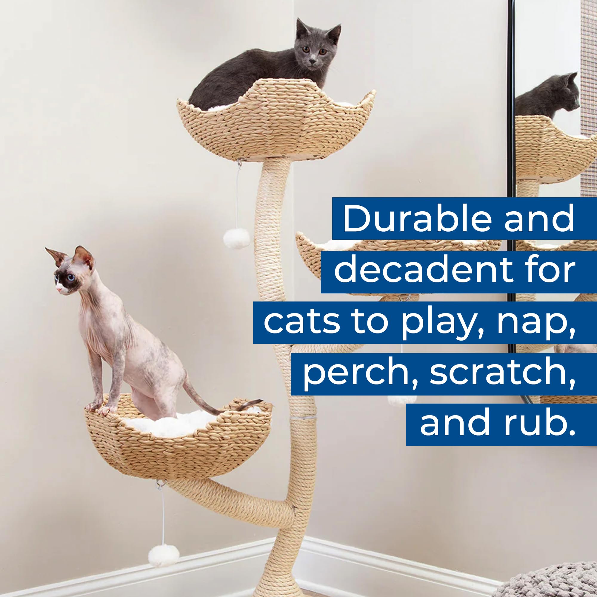 Habitat Haven The Sanctuary Cat Tree - Luxury Cat Condo, Large Modern Indoor Tower with 3 Faux Fur Beds, Scratching Posts, and Toys for Cats, 23-Inch Width x 23-Inch Depth x 52-Inch Height