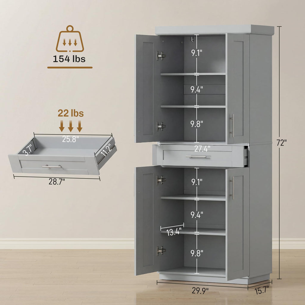 HOMCOM 72" Kitchen Pantry Cabinet, Freestanding Tall Storage Cabinet with 4 Doors, Drawer and 3 Adjustable Shelves for Dining Room, Gray