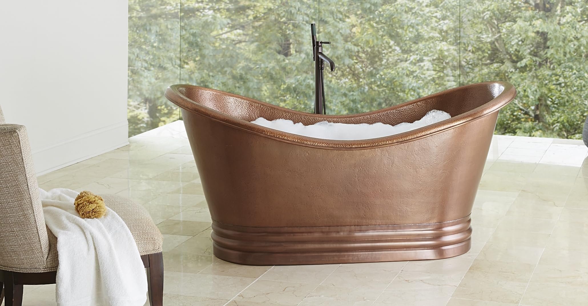 Sinkology Euclid 71.5 Inch Freestanding Soaking Bathtub, Antique Copper, Solid Copper Double Slipper Tub for Two with Overflow
