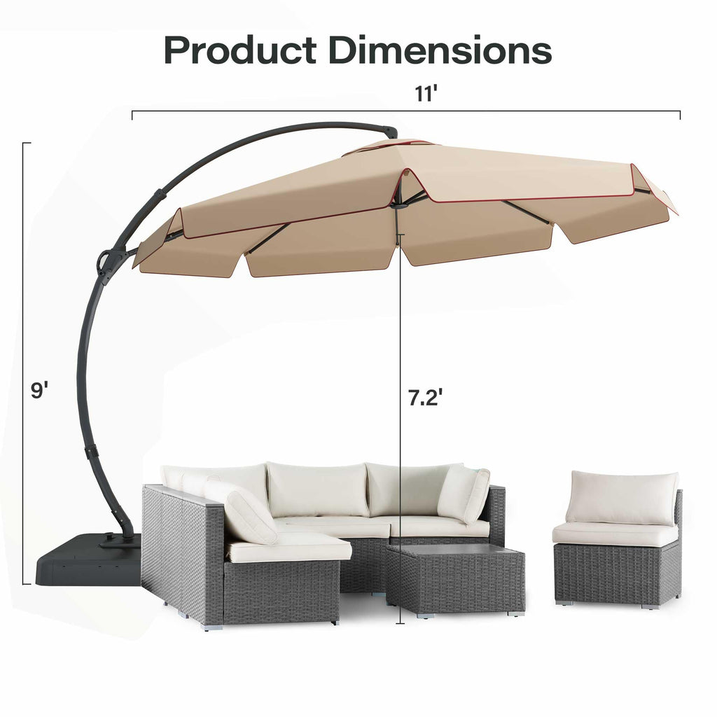 EO Living 11FT Cantilever Patio Umbrella with Base, 360° Rotation Offset Outdoor Umbrella, Heavy Duty Rust-Resistant, UV Protection Waterproof Shade for Backyard, Pool, Garden, Deck (Beige)