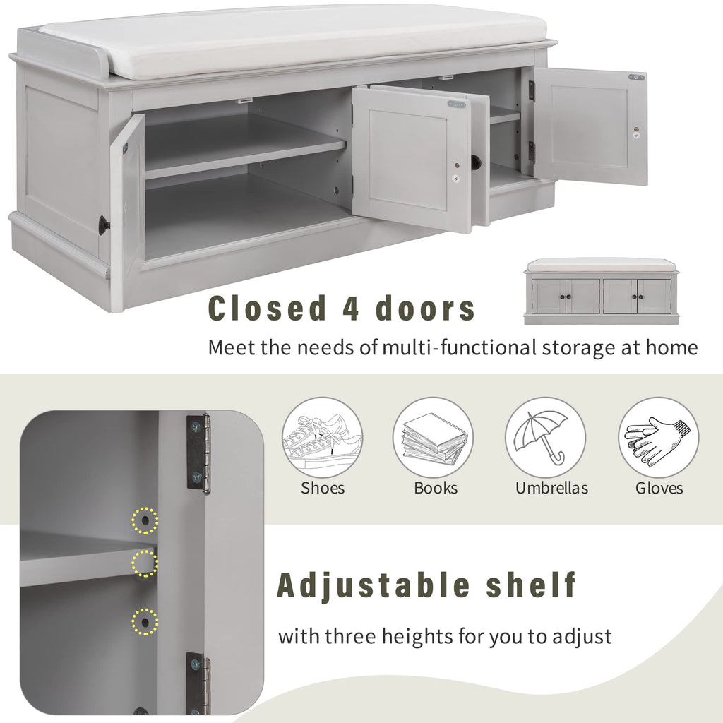 Merax Rustic Wood Entryway Bench with 4 Doors Shoe Cabinet for Hallway Front Door Gray Wash
