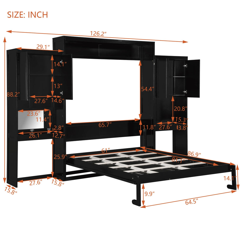Ball & Cast Murphy Bed Queen Bed Frame with Headboard,Hideaway Bedframe w/Vanity and Cabinets,Wood Wall Cabinet,Slat Support,can be Folded,No Box Spring Needed,for Small Room,Espresso