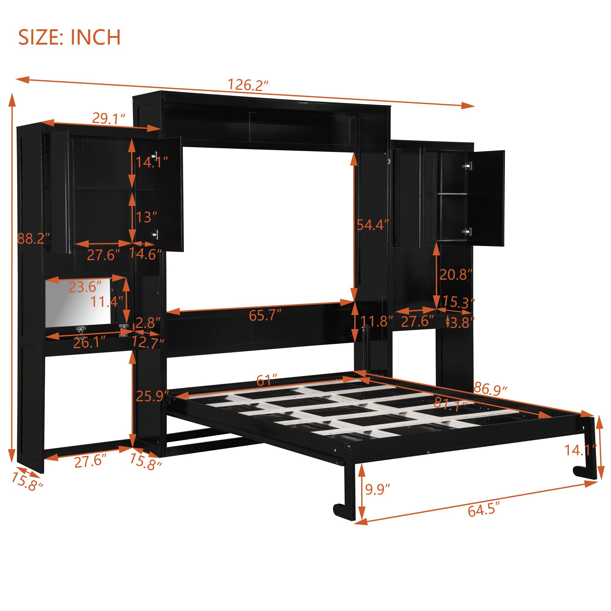 Ball & Cast Murphy Bed Queen Bed Frame with Headboard,Hideaway Bedframe w/Vanity and Cabinets,Wood Wall Cabinet,Slat Support,can be Folded,No Box Spring Needed,for Small Room,Espresso