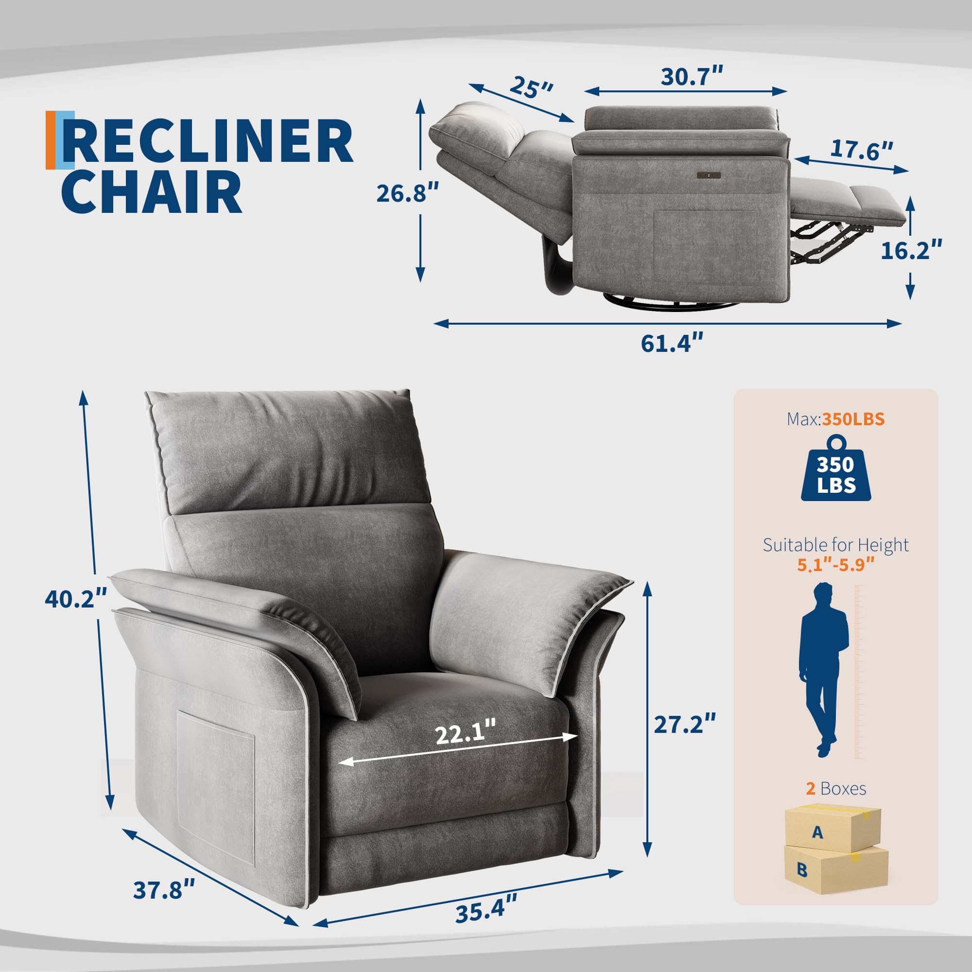 IDEALHOUSE Power Recliner Chair, 270 °Swivel Rocking Glider with USB Charging Port, Chenille Upholstered Fabric and Double-Layer Armrests, Nursery Chair for Living Room, Nursery(Gray)