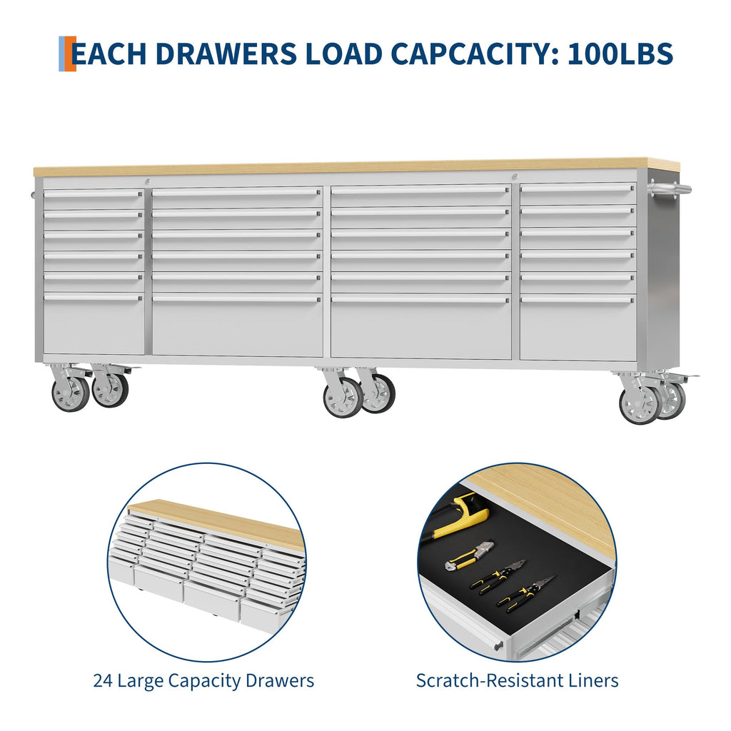 PeakPursuit 96" Rolling Tool Chest with 24 Drawers, Solid Rubber Wood Workbench Top, Locking Wheels & Key Lock, Mobile Garage Storage Cabinet for Workshop Organization, Silver