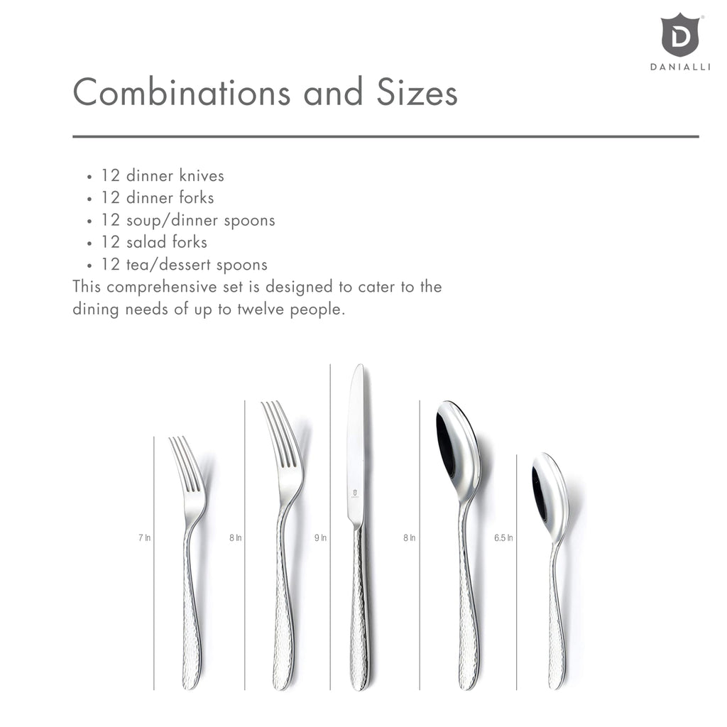 DANIALLI Hammered Silverware Set | Premium 18/10 Stainless Steel Flatware Service for 12 | Heavy-Duty & Dishwasher Safe | Built to Last (60-Piece, Fidenza Hammered)